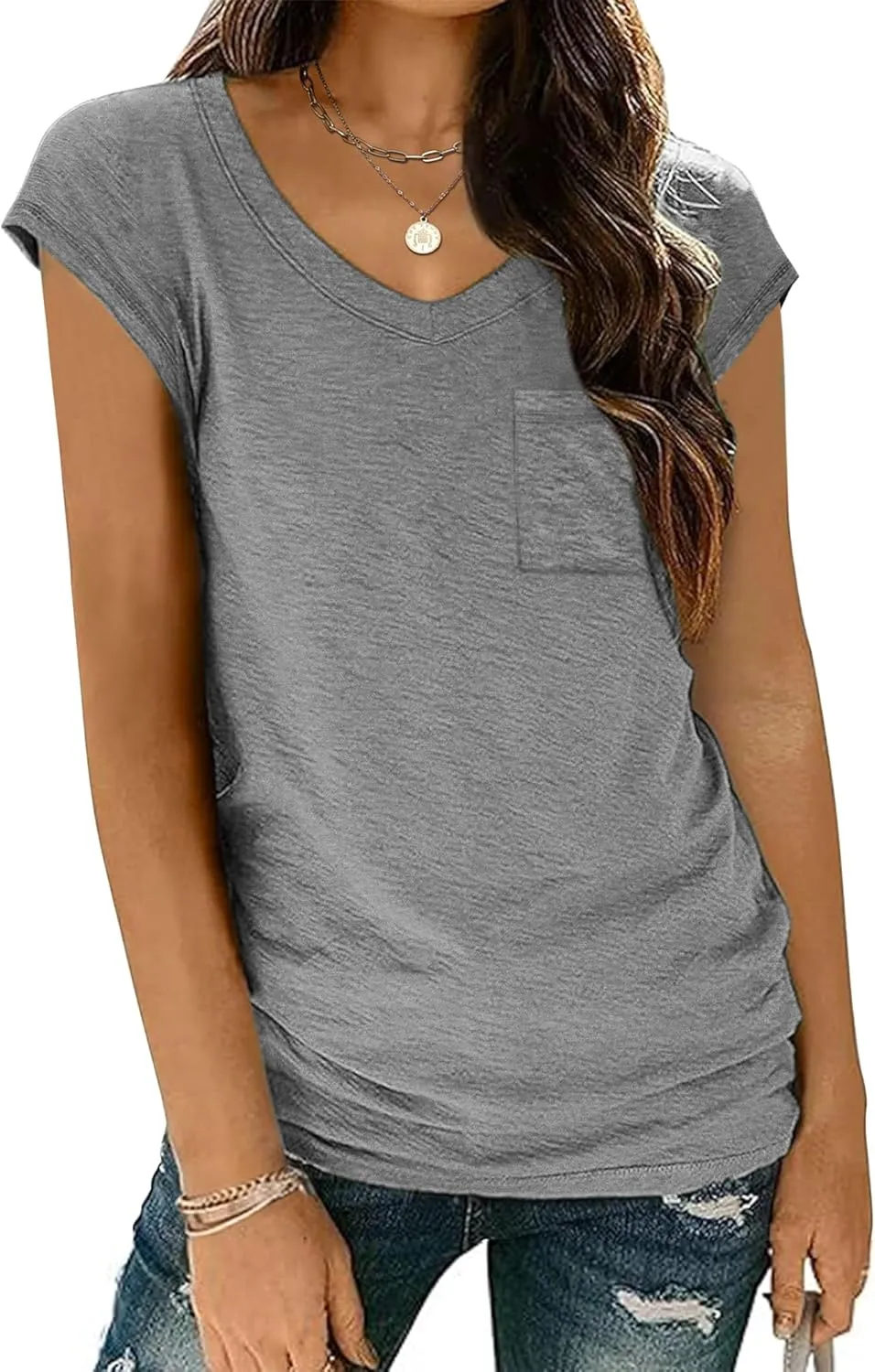 Zeagoo Womens Cap Sleeve V Neck T Shirts with Pocket