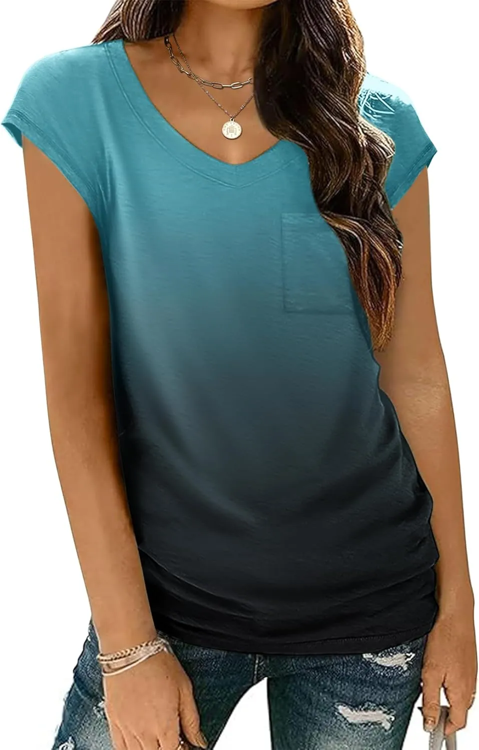 Zeagoo Womens Cap Sleeve V Neck T Shirts with Pocket