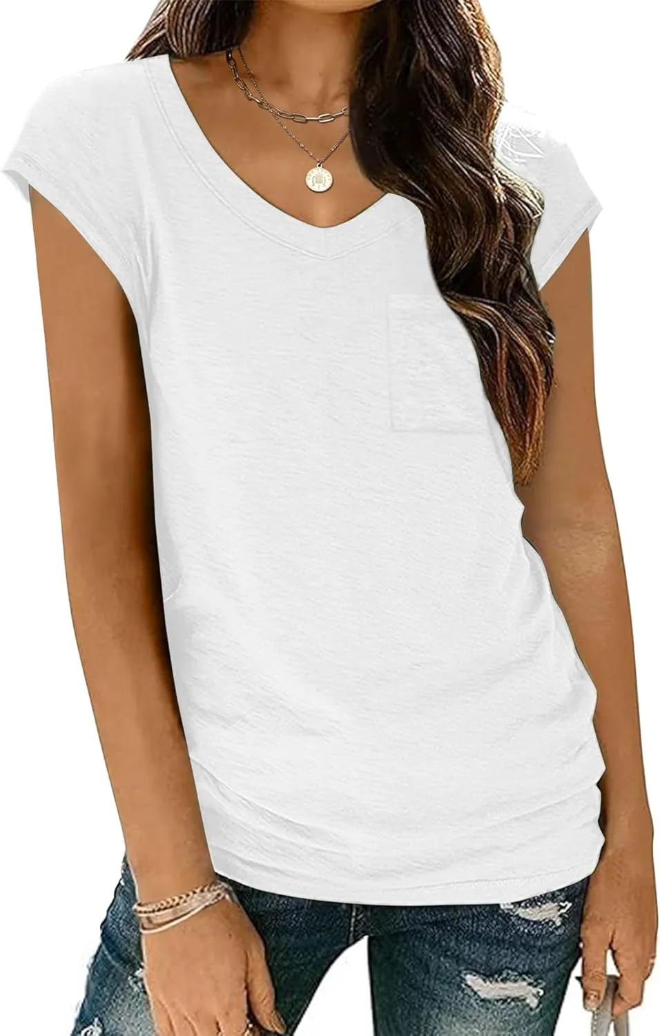 Zeagoo Womens Cap Sleeve V Neck T Shirts with Pocket