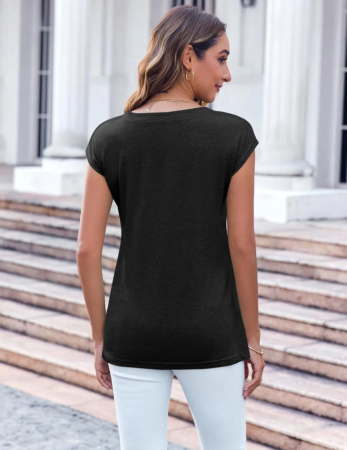 Zeagoo Womens Cap Sleeve V Neck T Shirts with Pocket