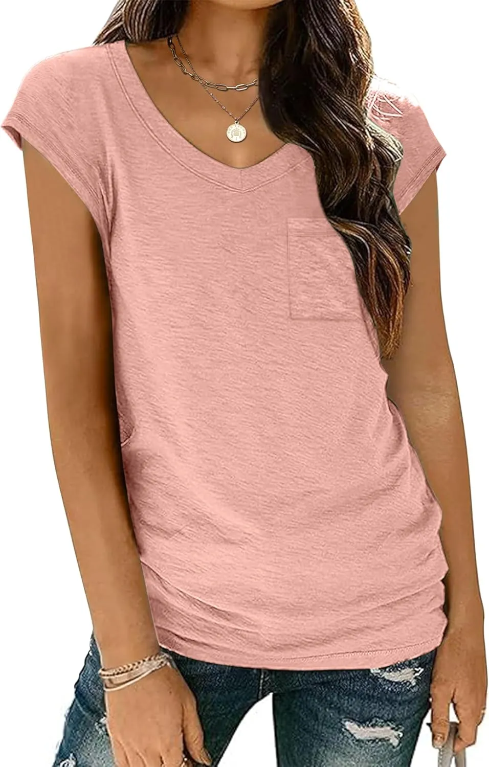 Zeagoo Womens Cap Sleeve V Neck T Shirts with Pocket