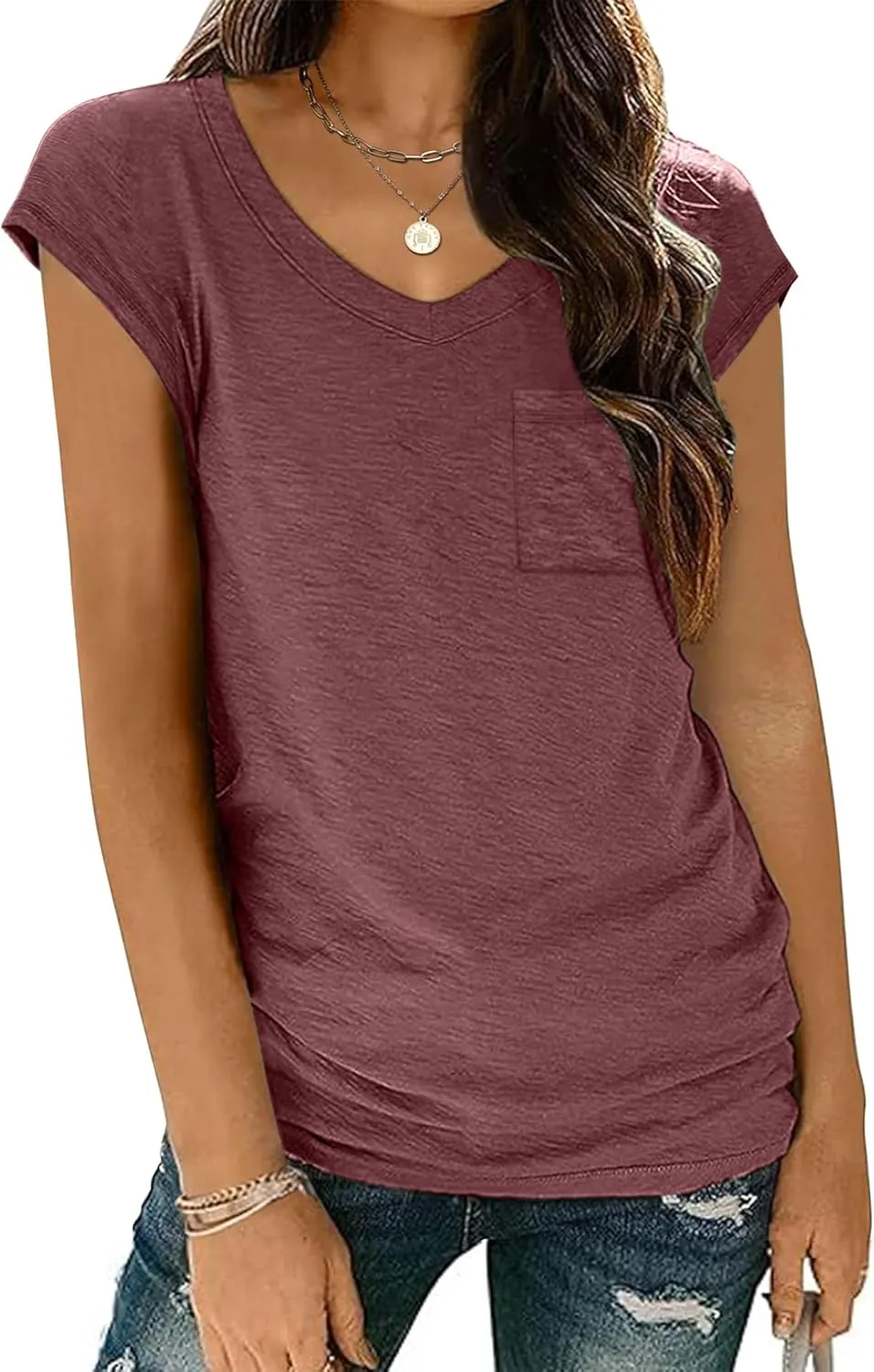 Zeagoo Womens Cap Sleeve V Neck T Shirts with Pocket