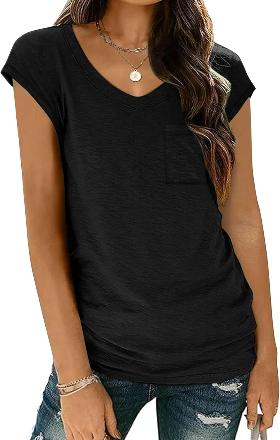 Zeagoo Womens Cap Sleeve V Neck T Shirts with Pocket