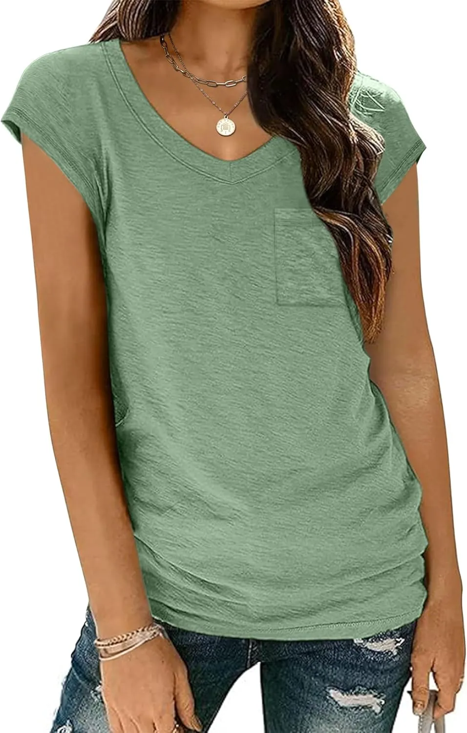 Zeagoo Womens Cap Sleeve V Neck T Shirts with Pocket